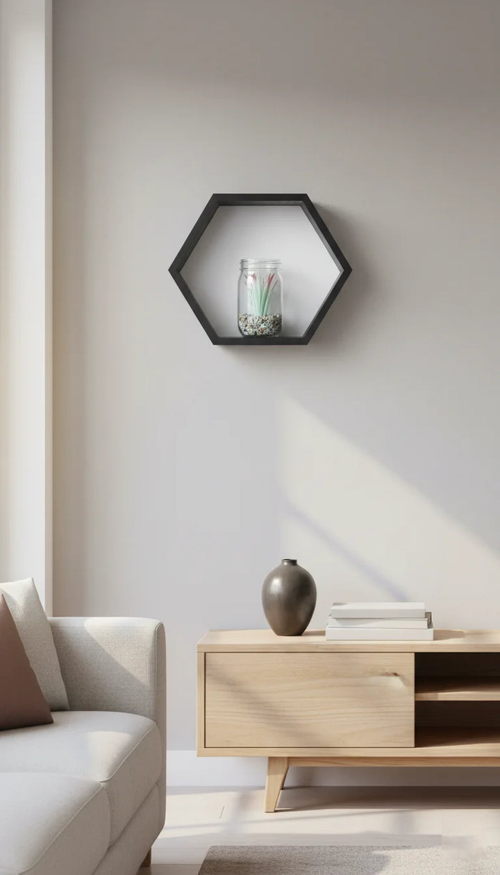 Set of 2 Hexagon Floating Wall Shelves Modern Black | Sparkle Decors