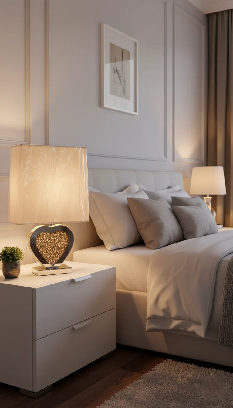Love Heart Crushed Crystal Silver Table Lamp Sparkle Decors