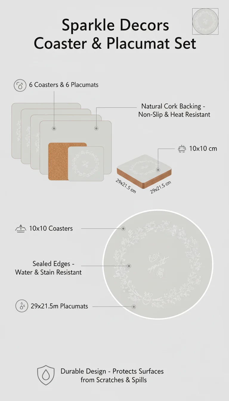 Stylish Grey Coasters & Placemats Set – 6 Pieces, Sparkle Decors