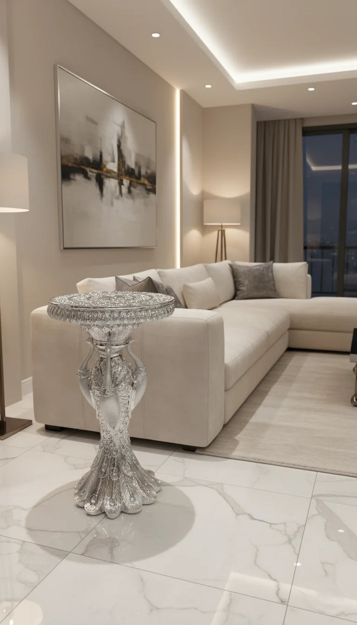 Peacock Crystal Sparkly Silver Side Table 60cm | Sparkle Decors