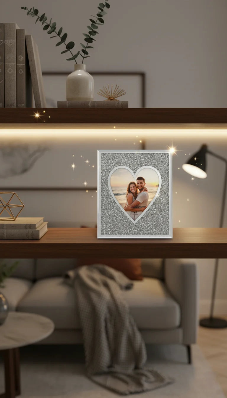 Crushed Crystal Heart Photo Frame Silver Sparkle – Sparkle Decors