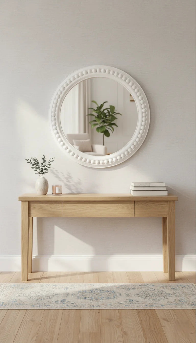 White Rustic Beaded Circle Wall Mirror Elegant Design – Sparkle Decors