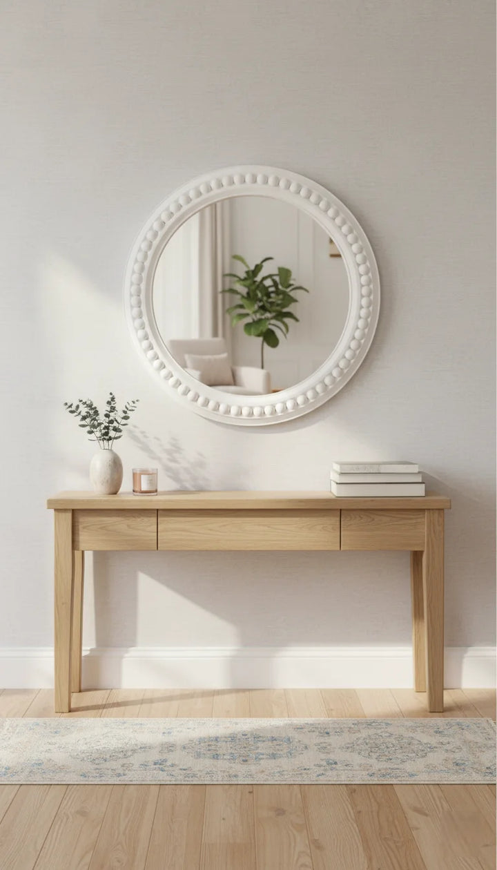 White Rustic Beaded Circle Wall Mirror Elegant Design – Sparkle Decors