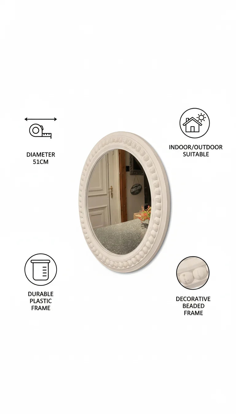 White Rustic Beaded Circle Wall Mirror Elegant Design – Sparkle Decors
