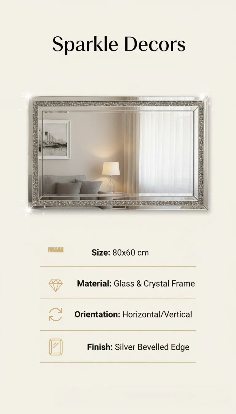 Silver Crushed Diamond Wall Mirror with Bevelled Glass 60×80 cm – Sparkle Decors
