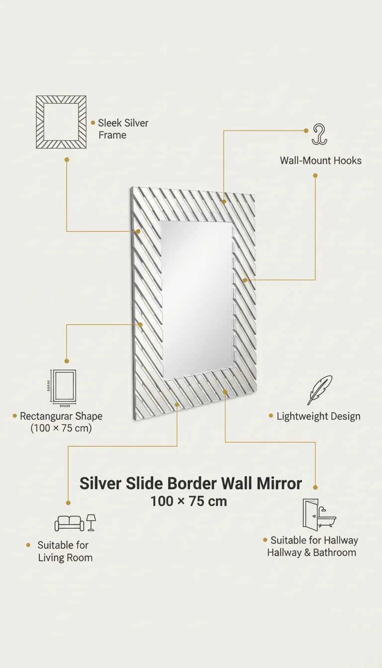 Large Silver Slide Border Rectangular Wall Mirror for Living Room & Hallway – Sparkle Decors