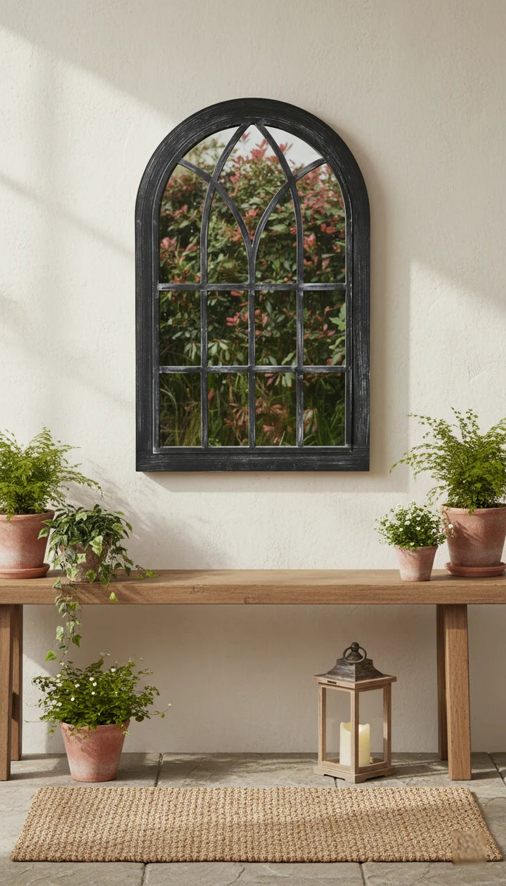 Black Rustic Arch Window Wall Mirror 76×51 cm – Sparkle Decors