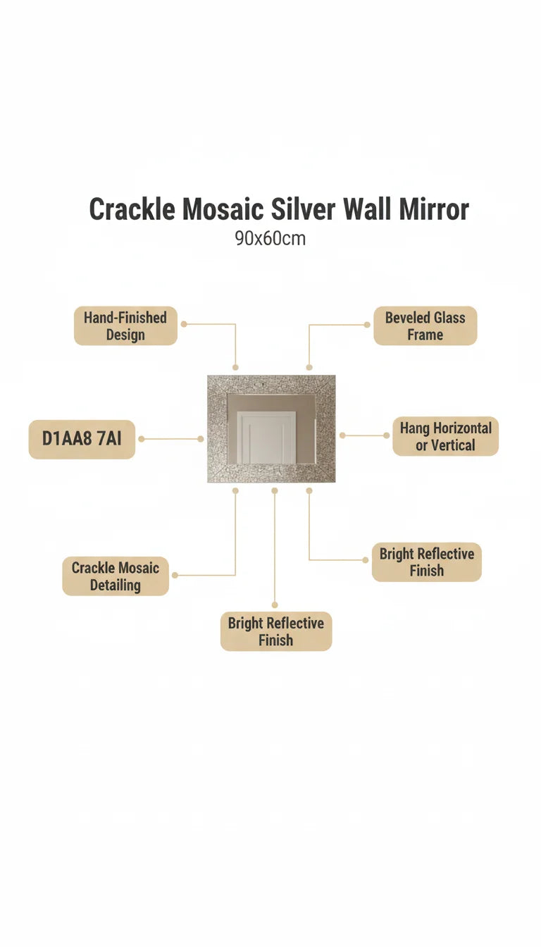 Crackle Mosaic Silver Wall Mirror with Bevelled Frame 90×60 cm – Sparkle Decors