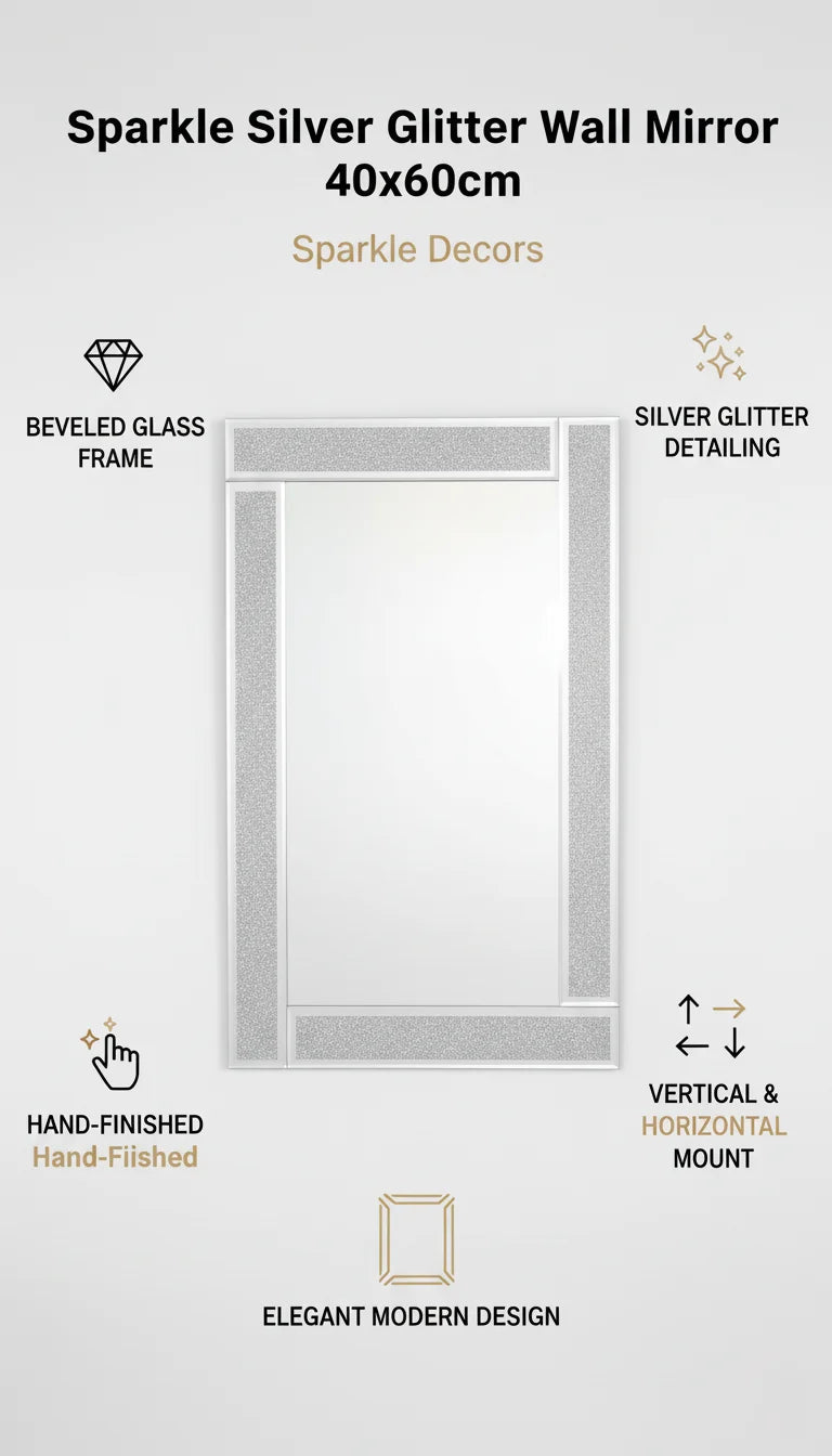Silver Glitter Wall Mirror with Elegant Bevelled Frame 40×60 cm – Sparkle Decors