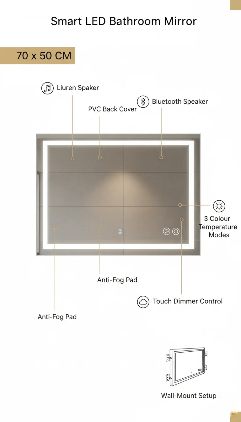 Silver LED Bathroom Mirror with Bluetooth, Dimmer & Anti-Fog – Rectangular 70 × 50 cm
