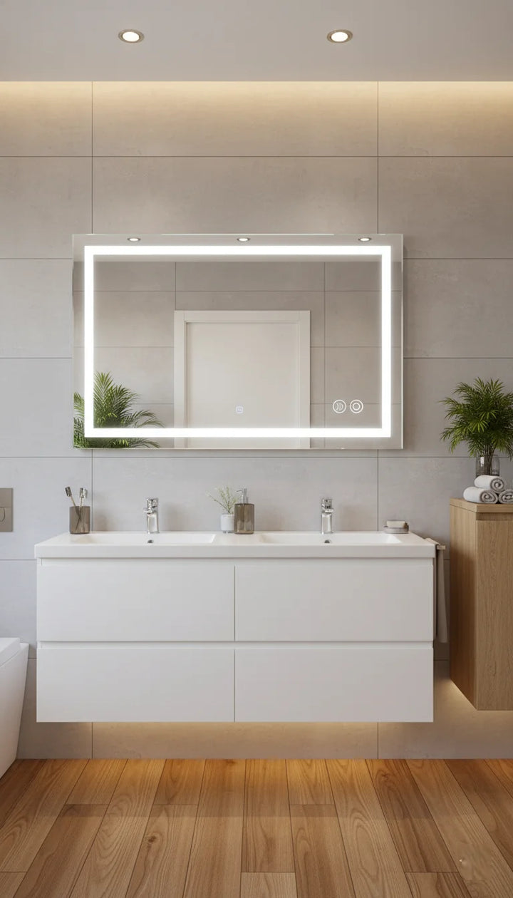 Silver LED Bathroom Mirror with Bluetooth, Dimmer & Anti-Fog – Rectangular 70 × 50 cm