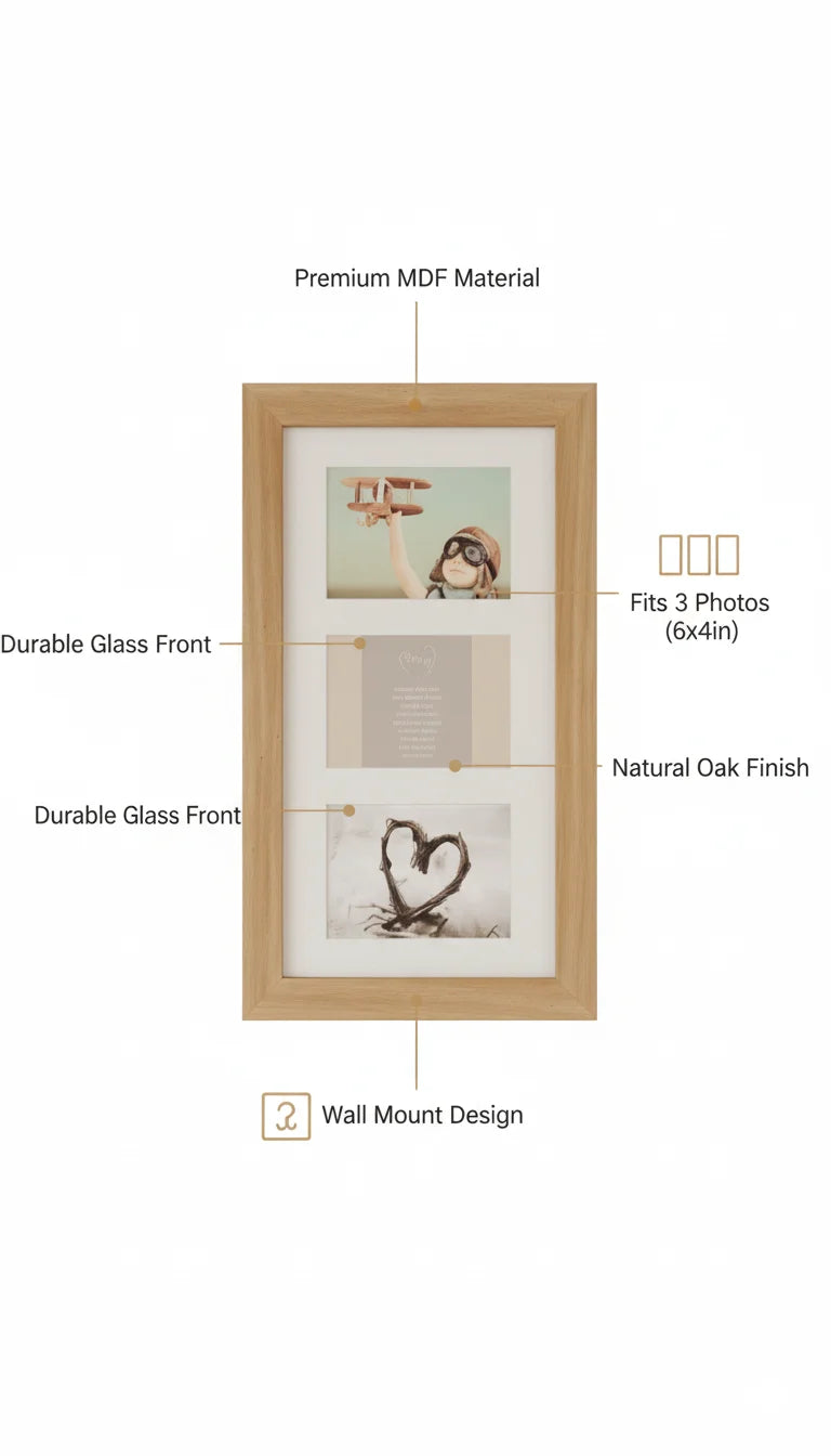 3 Multi-Aperture Oak Wall Frame 26x43cm | Sparkle Decor