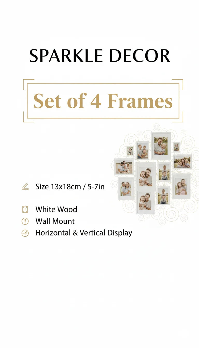 Set of 4 White Wooden 5x7 Photo Frames Modern Style | Sparkle Decor