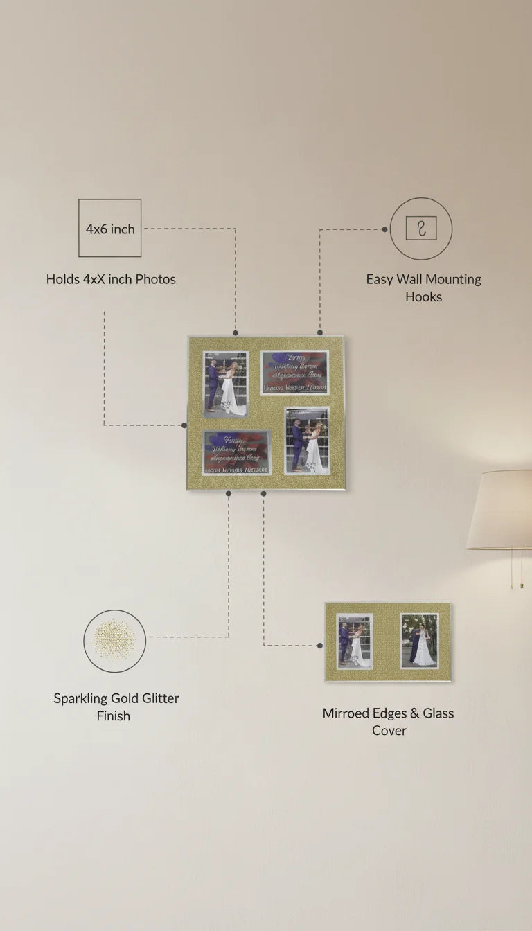 Gold Glitter Multi-Aperture 4-Photo Frame | Sparkle Decors
