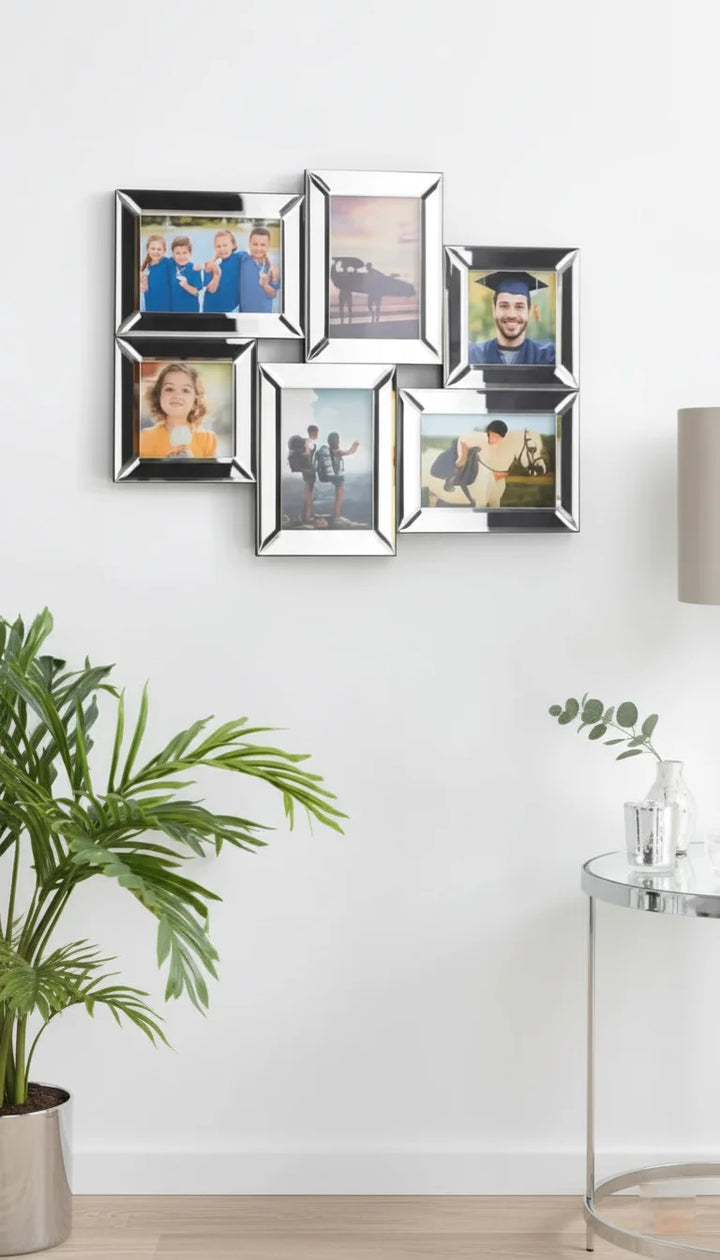 Silver Mirrored Multi-Aperture 6-Photo Frame Wall Art | Sparkle Decors