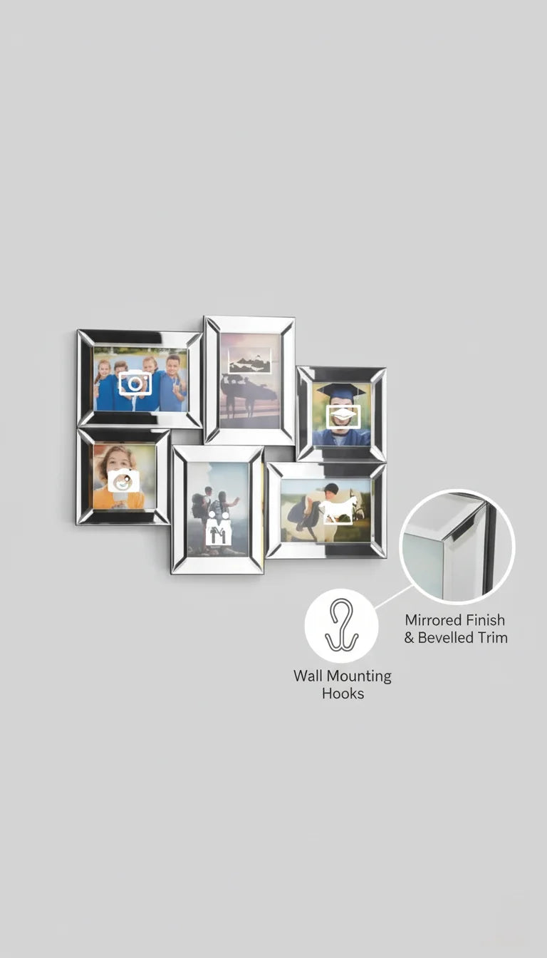 Silver Mirrored Multi-Aperture 6-Photo Frame Wall Art | Sparkle Decors