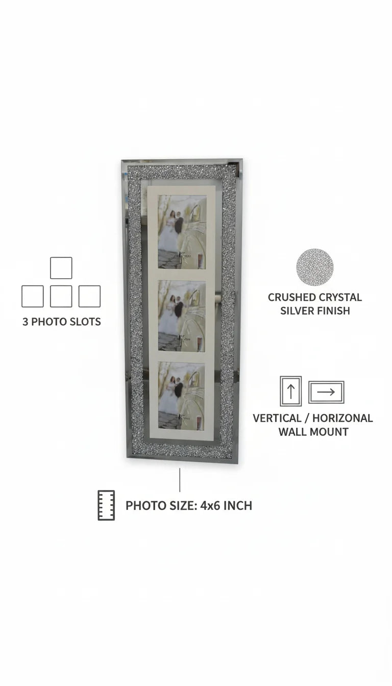 Elegant Silver Diamante 3-Photo Multi Frame | Sparkle Decors