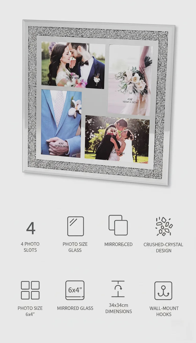 Elegant Silver 4-Photo Mirrored Frame Wall Display | Sparkle Decor