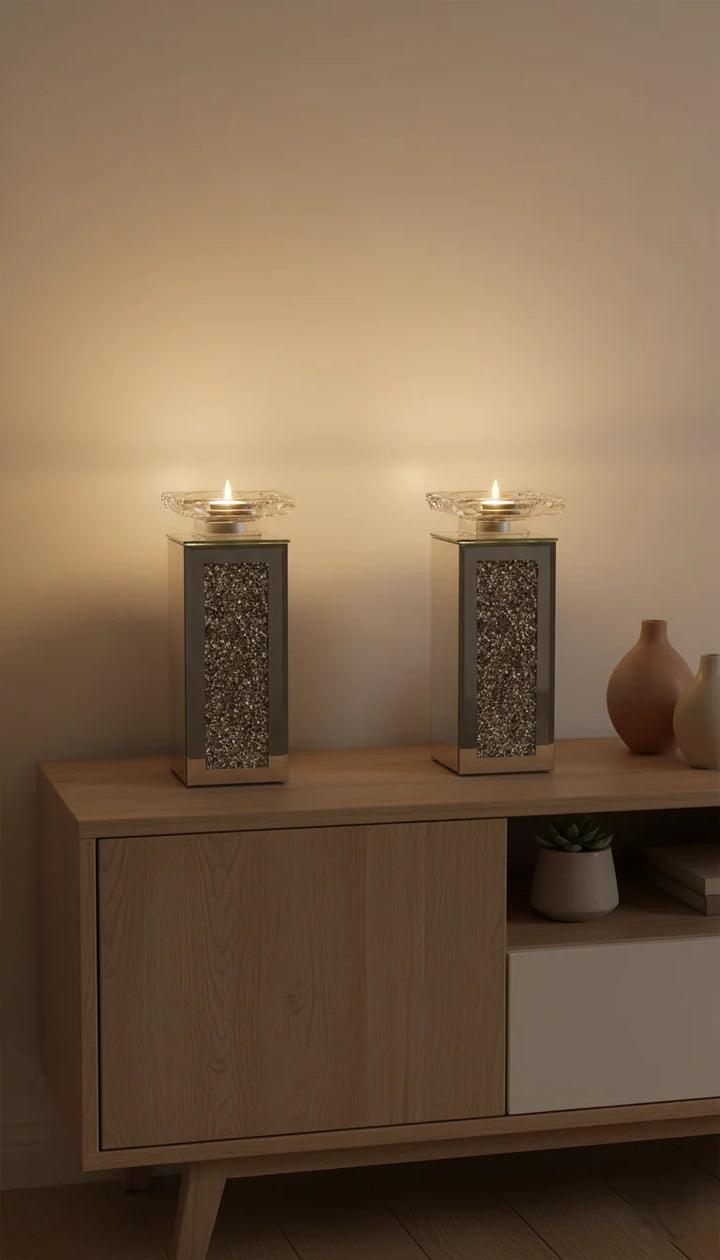 Crushed Diamond Crystal Candle Holders Set of 2 | Sparkle Decors