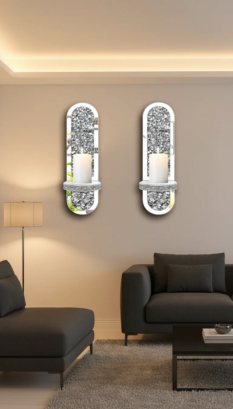 Crushed Diamond Mirrored Wall Candle Holders Set of 2 | Sparkle Decors