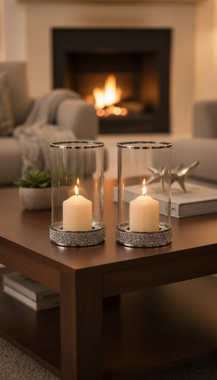 Set of 2 Silver Crystal Diamante Candle Holders | Sparkle Decors