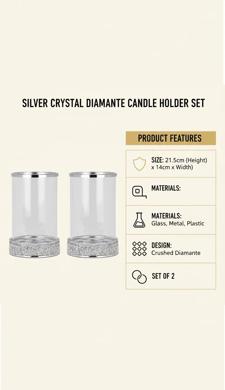 Set of 2 Silver Crystal Diamante Candle Holders | Sparkle Decors