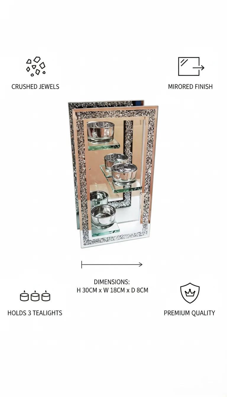 Crushed Jewel Mirrored Triple Tealight Holder | Sparkle Decors