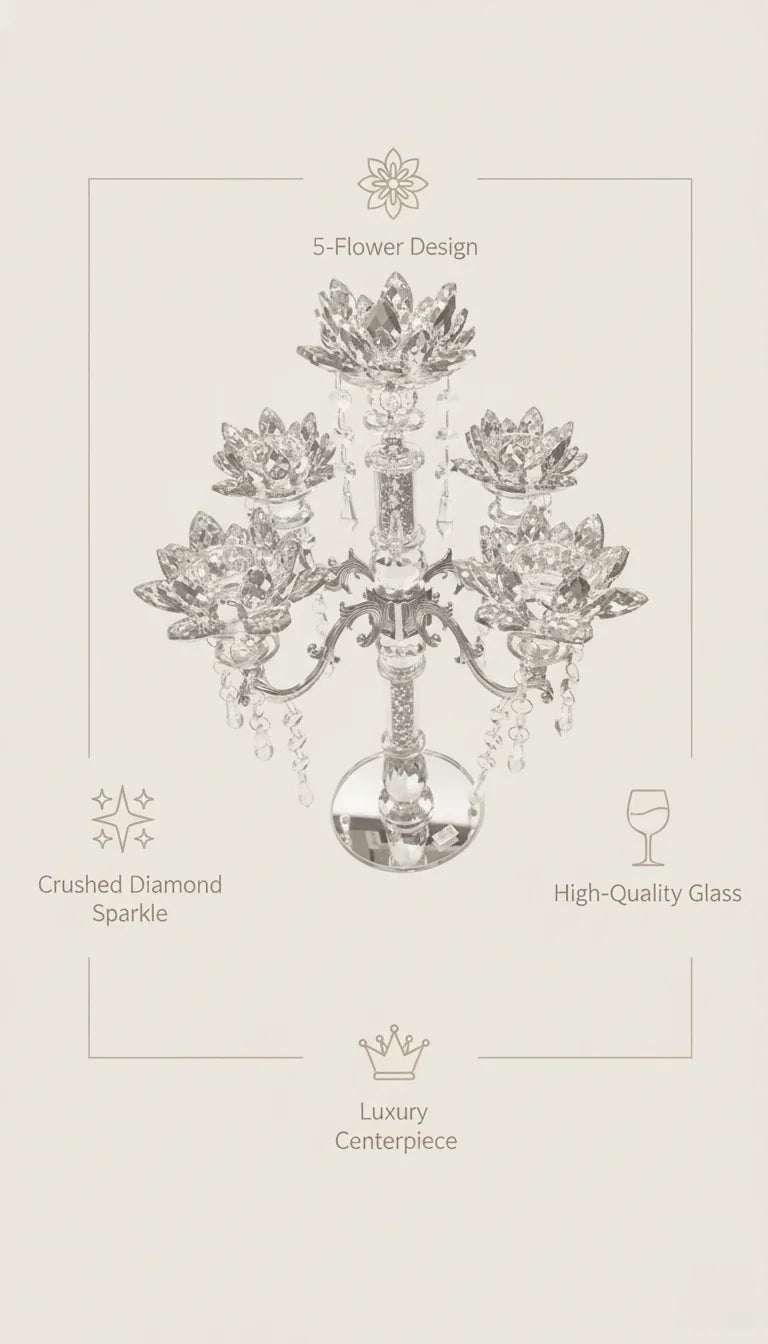 Crushed Diamond 5-Flower Crystal Candle Holder | Sparkle Decor