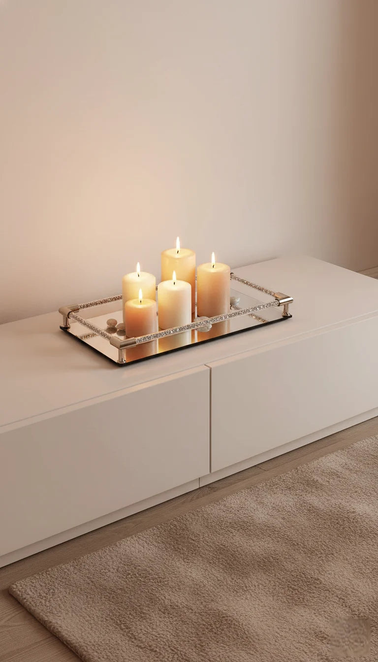 Diamond Crushed Rod Mirrored Candle Tray | Sparkle Decors