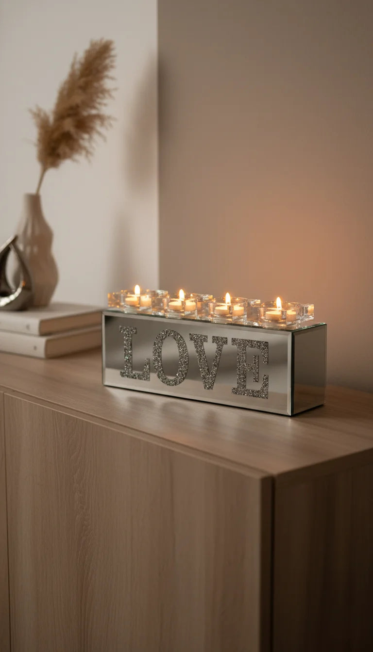 Crushed Diamond LOVE Mirror Tealight Holder Decor | Sparkle Decor