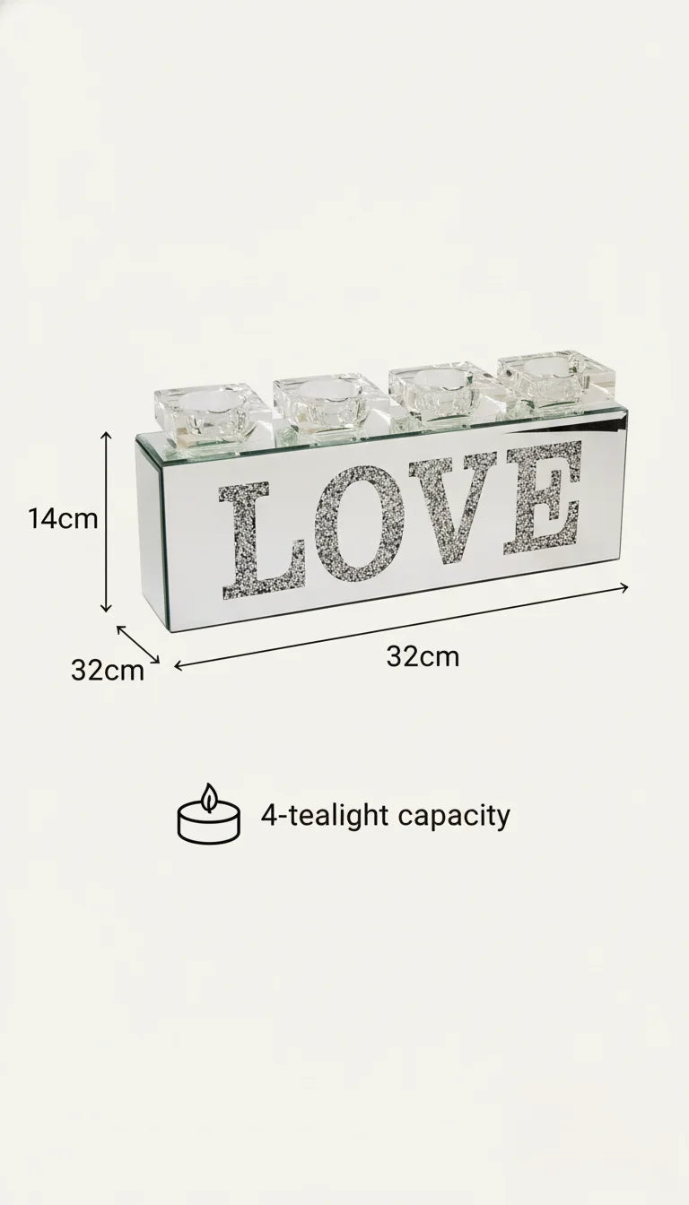 Crushed Diamond LOVE Mirror Tealight Holder Decor | Sparkle Decor