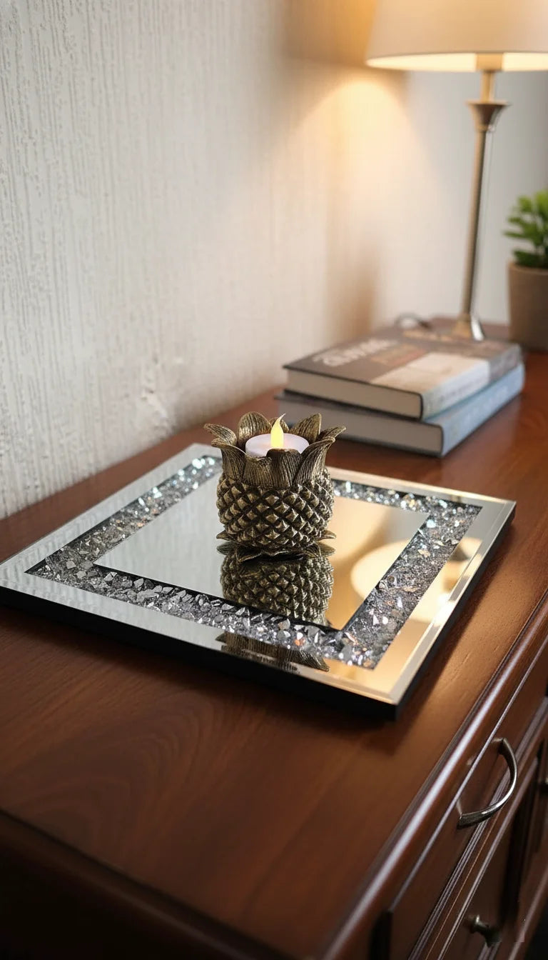Square Diamante Mirrored Candle Plate Set Of 2 | Sparkle Decors