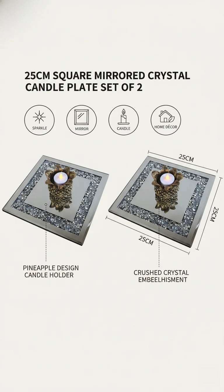 Square Diamante Mirrored Candle Plate Set Of 2 | Sparkle Decors