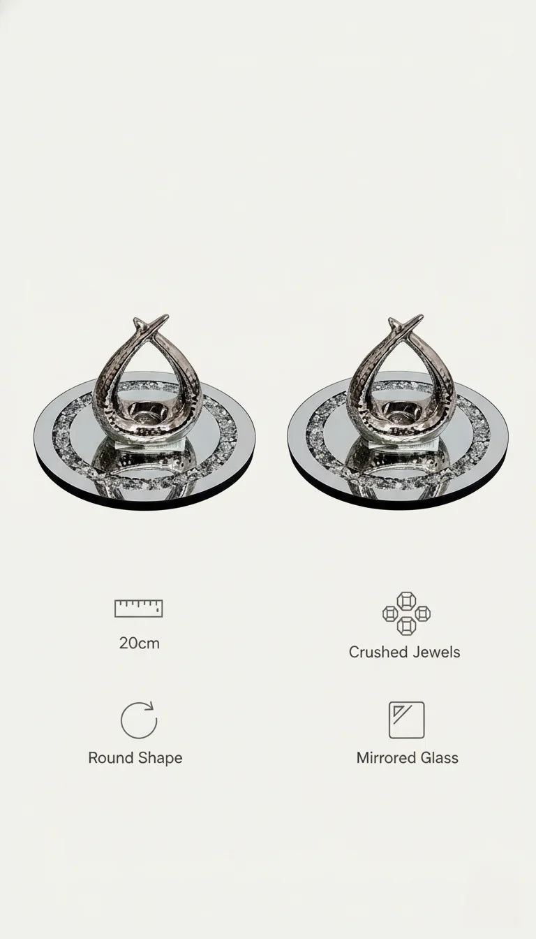 Round Diamante Mirrored Candle Plate Set 20cm Pack of 2 | Sparkle Decors