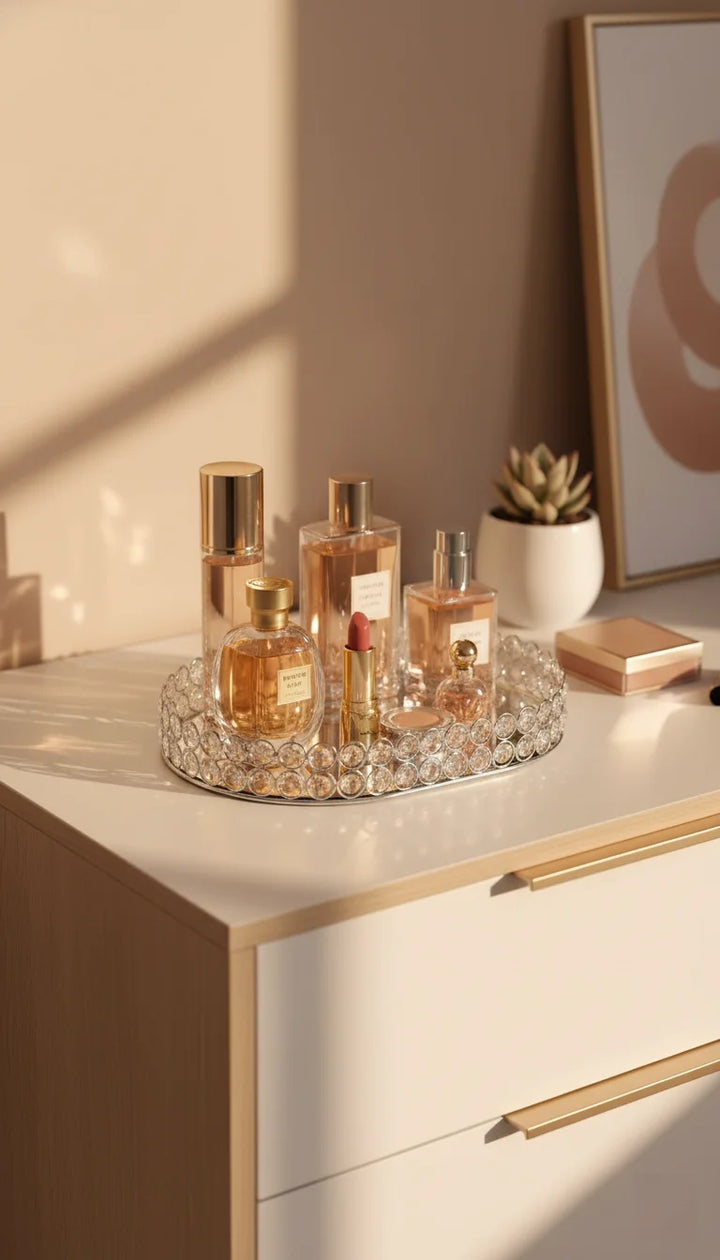 Mirrored Crystal Beaded Oval Cosmetic Tray Silver | Sparkle Decors