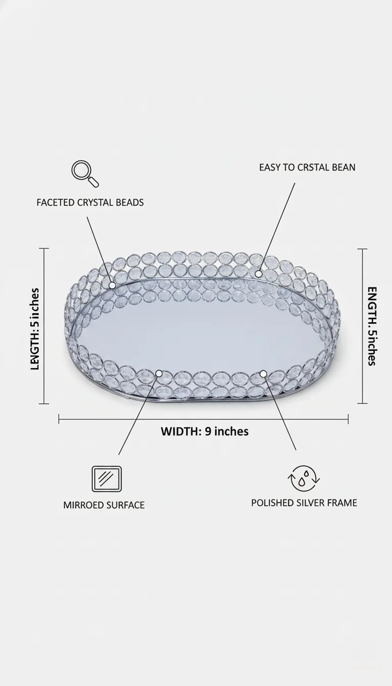 Mirrored Crystal Beaded Oval Cosmetic Tray Silver | Sparkle Decors