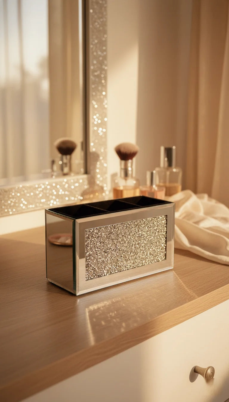 Diamond Crush Silver Makeup Brush Holder Round | Sparkle Decors