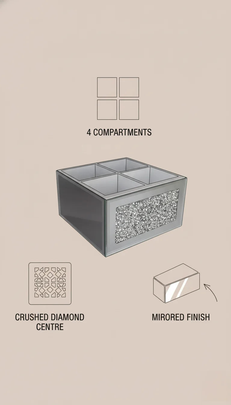 Crushed Diamond 4-Section Mirror Brush Organiser | Sparkle Decors