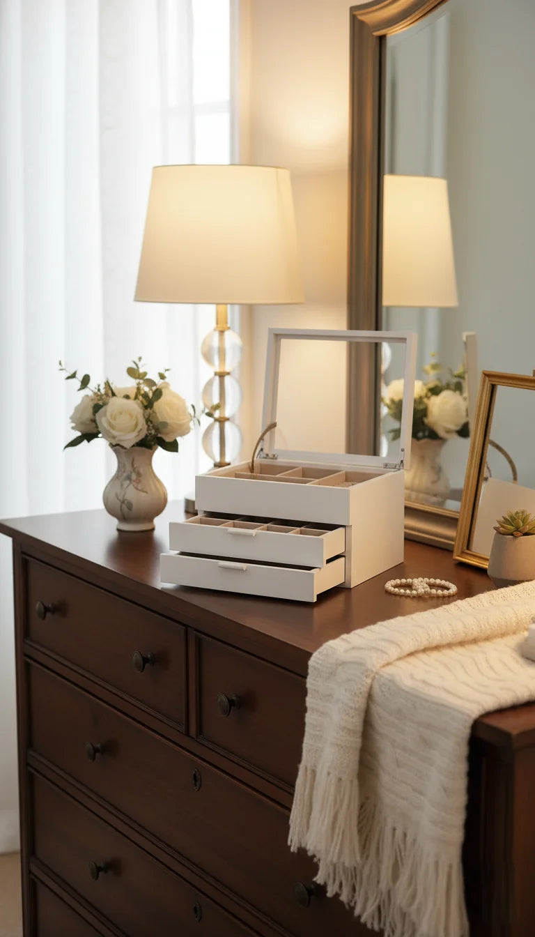 Elegant White Multi-Compartment Jewellery Storage Box | Sparkle Decors