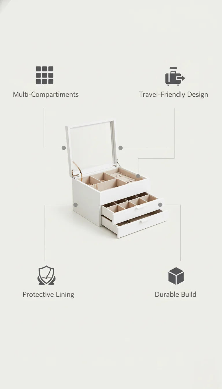 Elegant White Multi-Compartment Jewellery Storage Box | Sparkle Decors