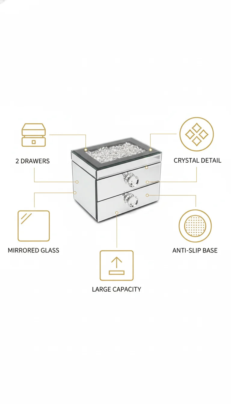 Large Silver Mirrored Crystal Jewellery Box with 2 Drawers | Sparkle Decors