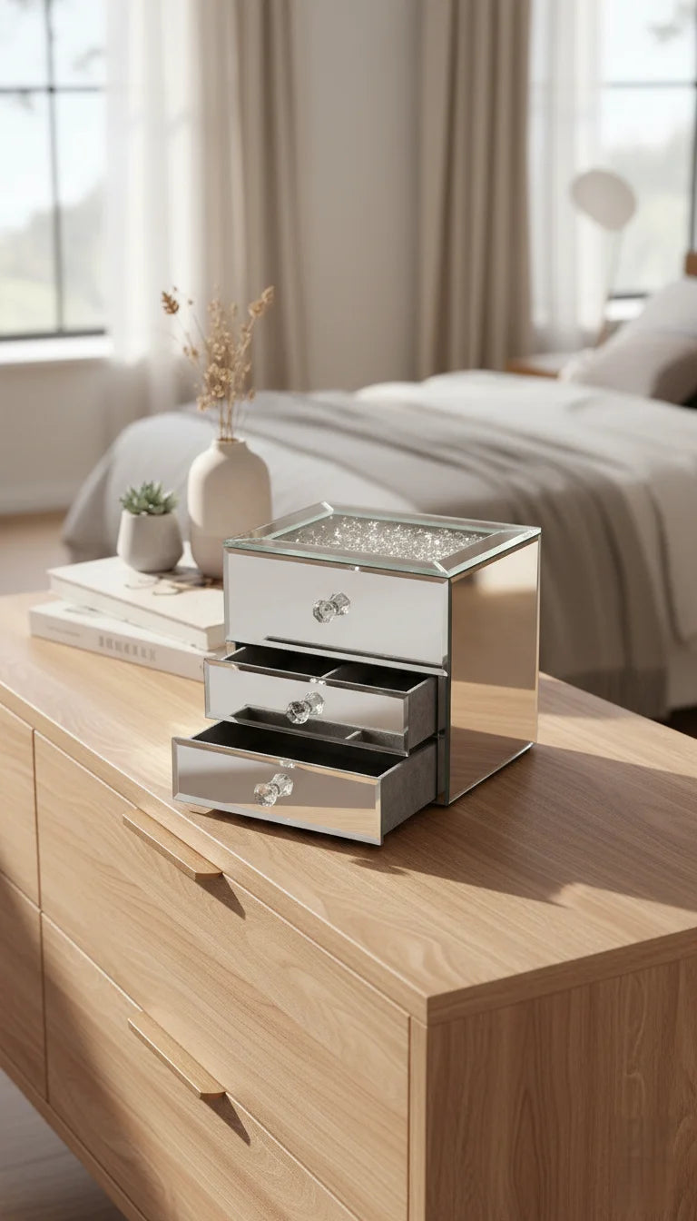 Luxury Silver Mirrored 2-Drawer Jewellery Storage Box | Sparkle Decors