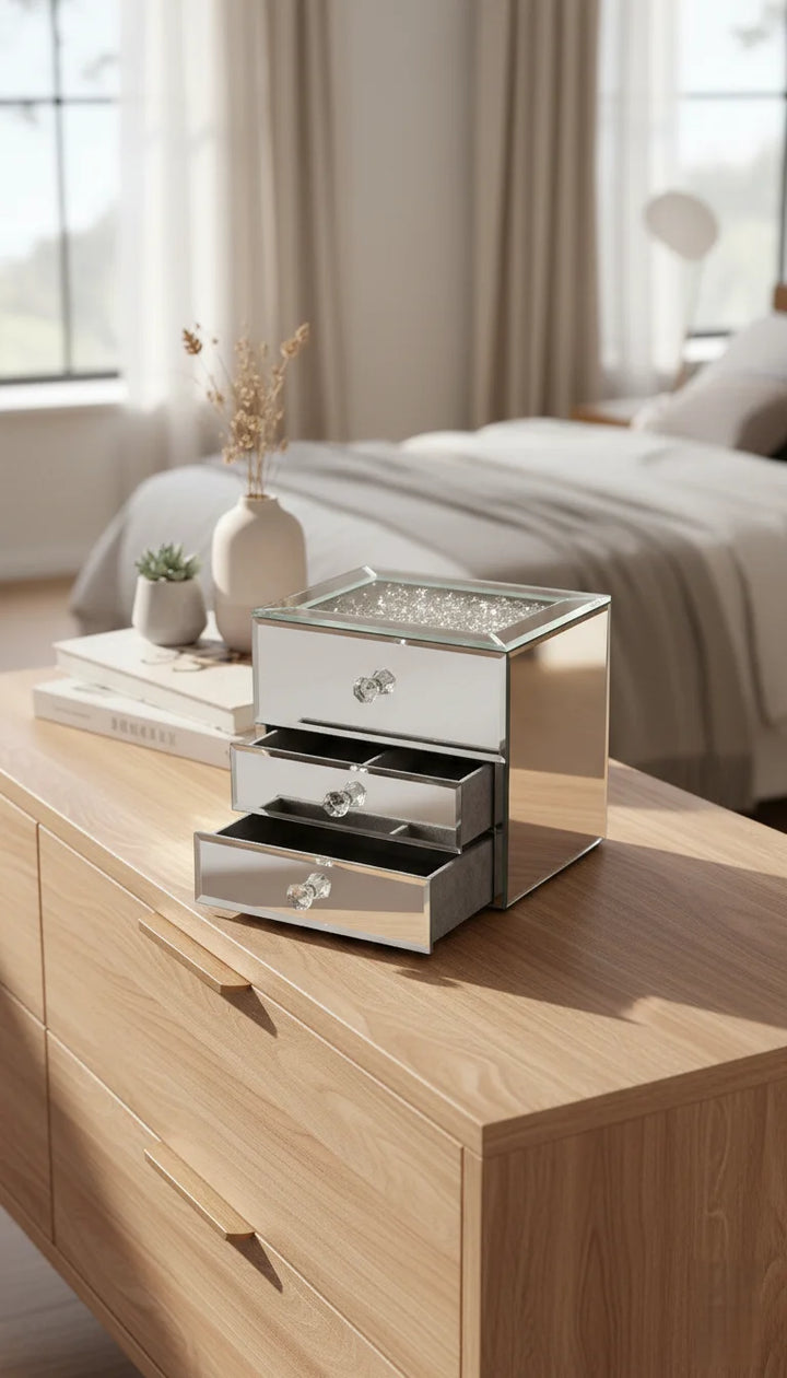 Luxury Silver Mirrored 2-Drawer Jewellery Storage Box | Sparkle Decors