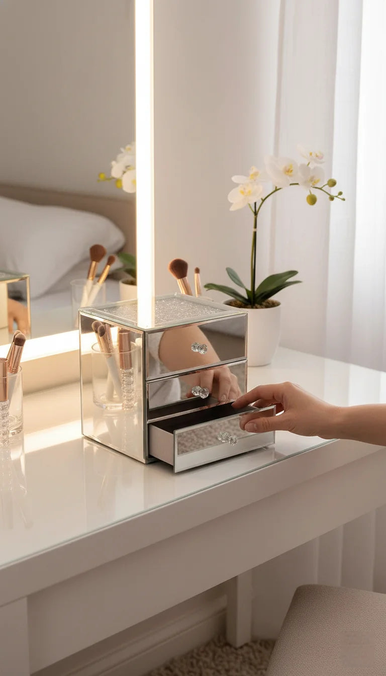 Silver Mirrored Crystal Jewellery Box with 3 Drawers | Sparkle Decors