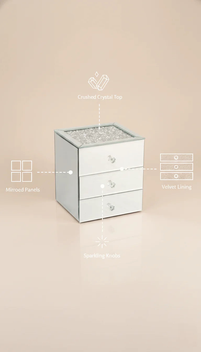 Silver Mirrored Crystal Jewellery Box with 3 Drawers | Sparkle Decors