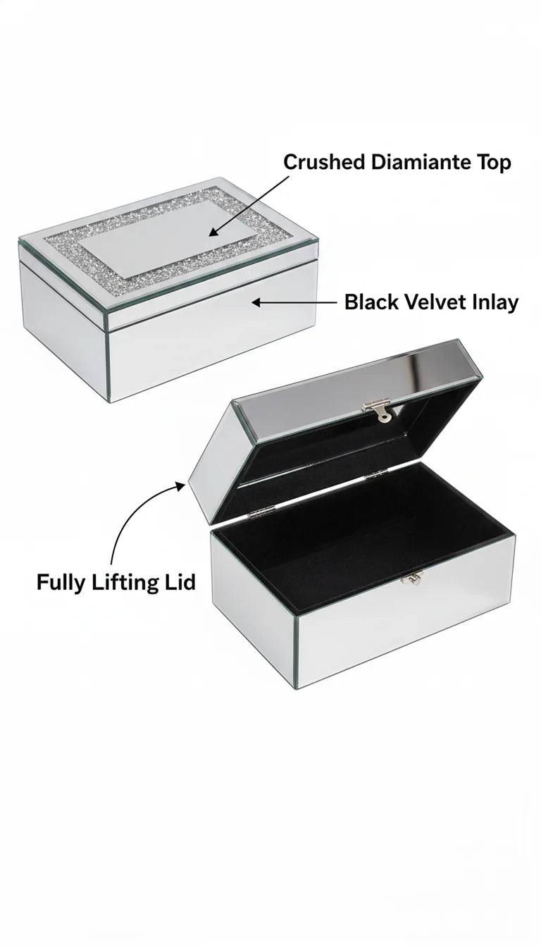 Glass Silver Mirrored Diamante Jewellery Box | Sparkle Decors