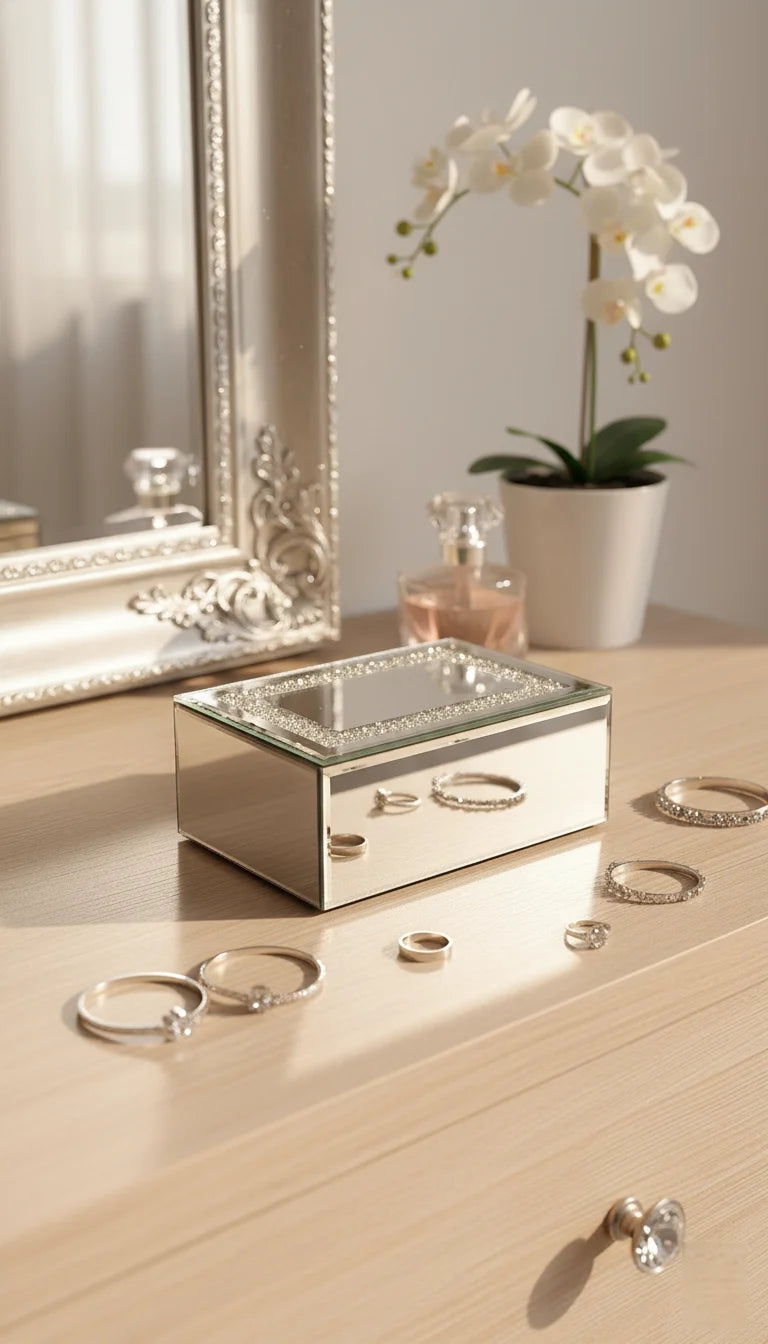 Glass Silver Mirrored Diamante Jewellery Box | Sparkle Decors