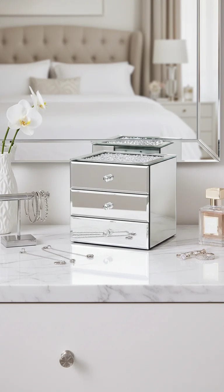 Three-Drawer Silver Mirrored Jewellery Box | Sparkle Decors