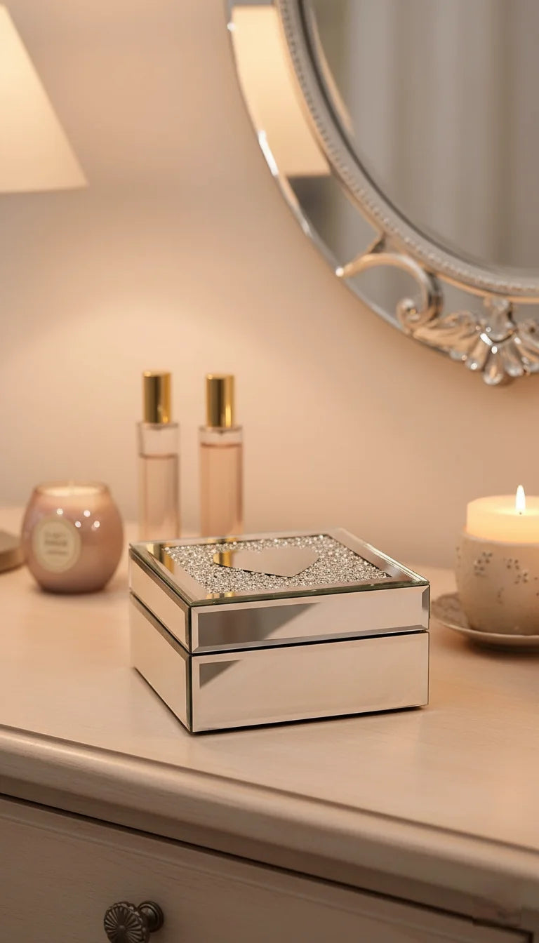 Silver Heart Mirrored Crushed Diamond Trinket Box | Sparkle Decors