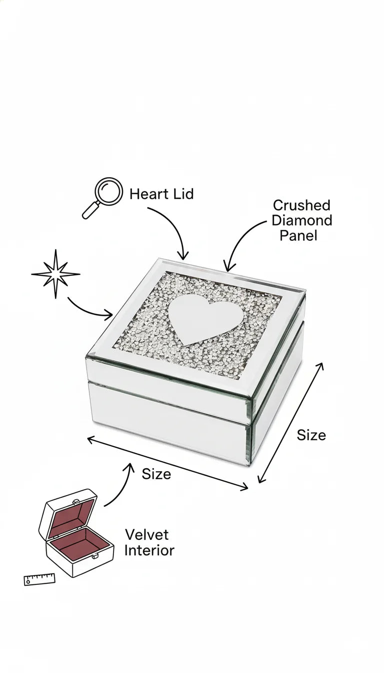 Silver Heart Mirrored Crushed Diamond Trinket Box | Sparkle Decors
